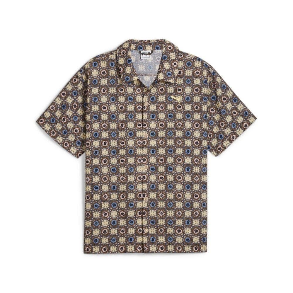 PUMA Classics New Prep Woven Graphic Collared Short Sleeve Button Up Mushroom Br